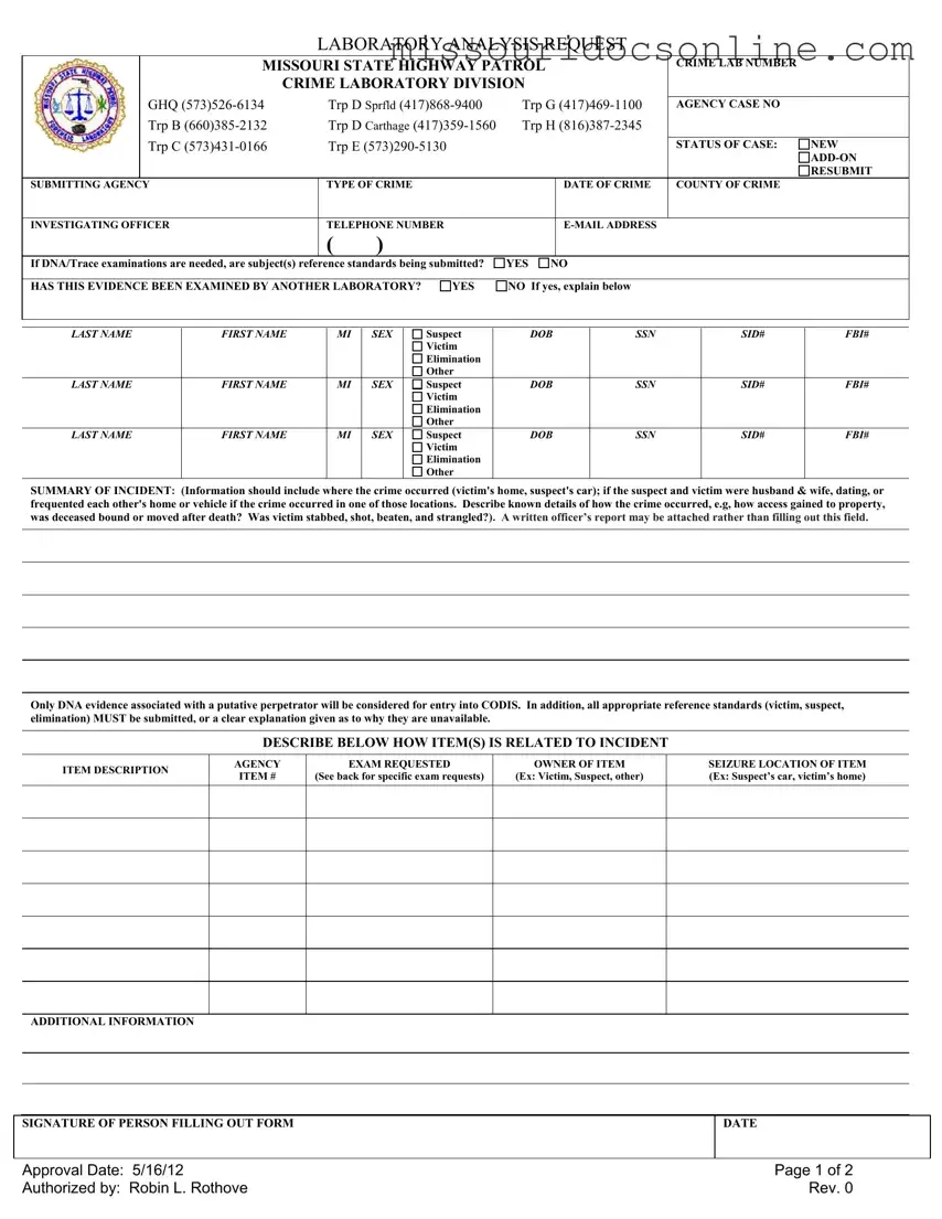 Blank Laboratory Analysis Request Missouri Form