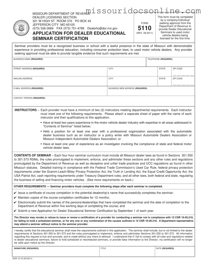 Blank Missouri 5110 Form