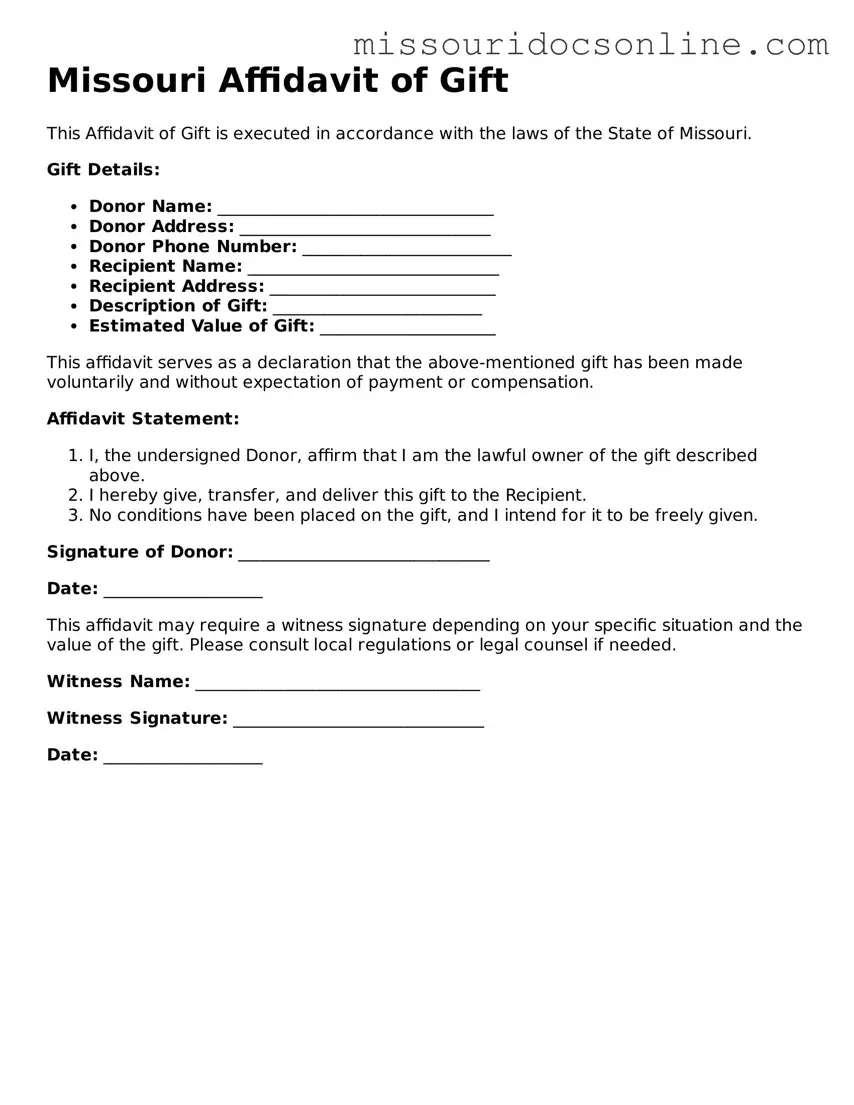 Attorney-Approved Affidavit of Gift Form for Missouri State