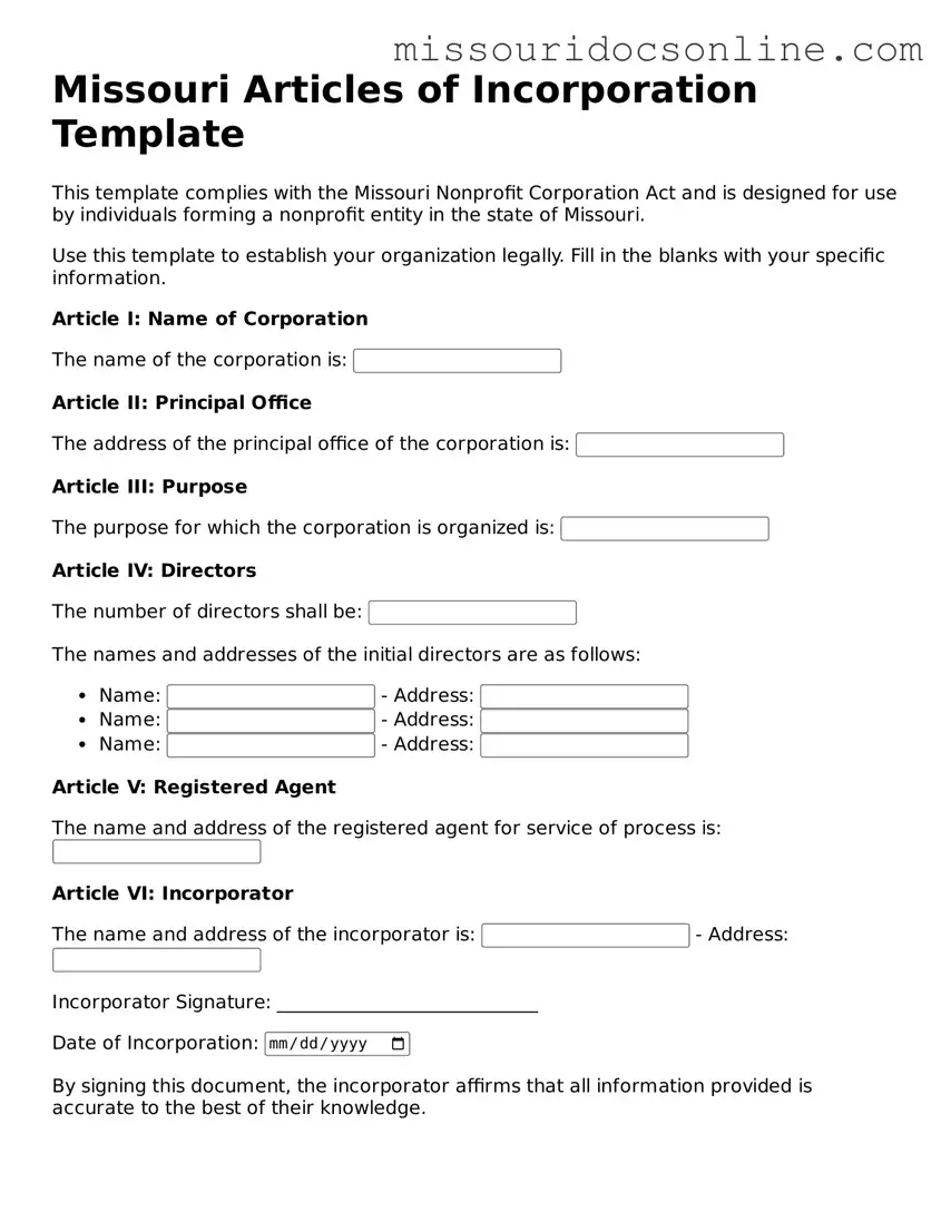 Attorney-Approved Articles of Incorporation Form for Missouri State