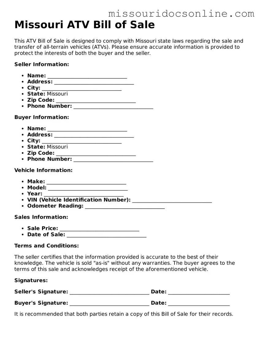 Attorney-Approved ATV Bill of Sale Form for Missouri State