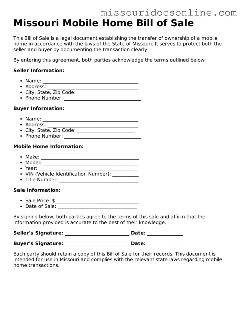 Attorney-Approved Mobile Home Bill of Sale Form for Missouri State