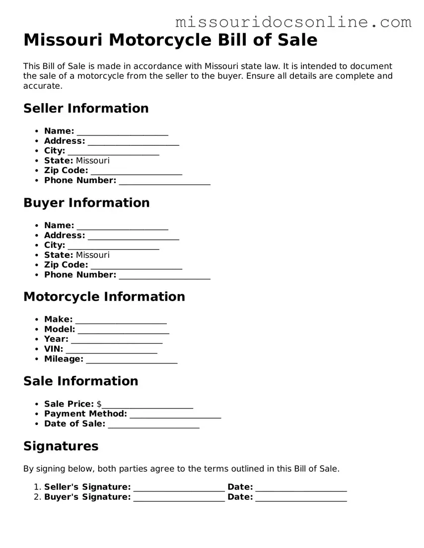 Attorney-Approved Motorcycle Bill of Sale Form for Missouri State