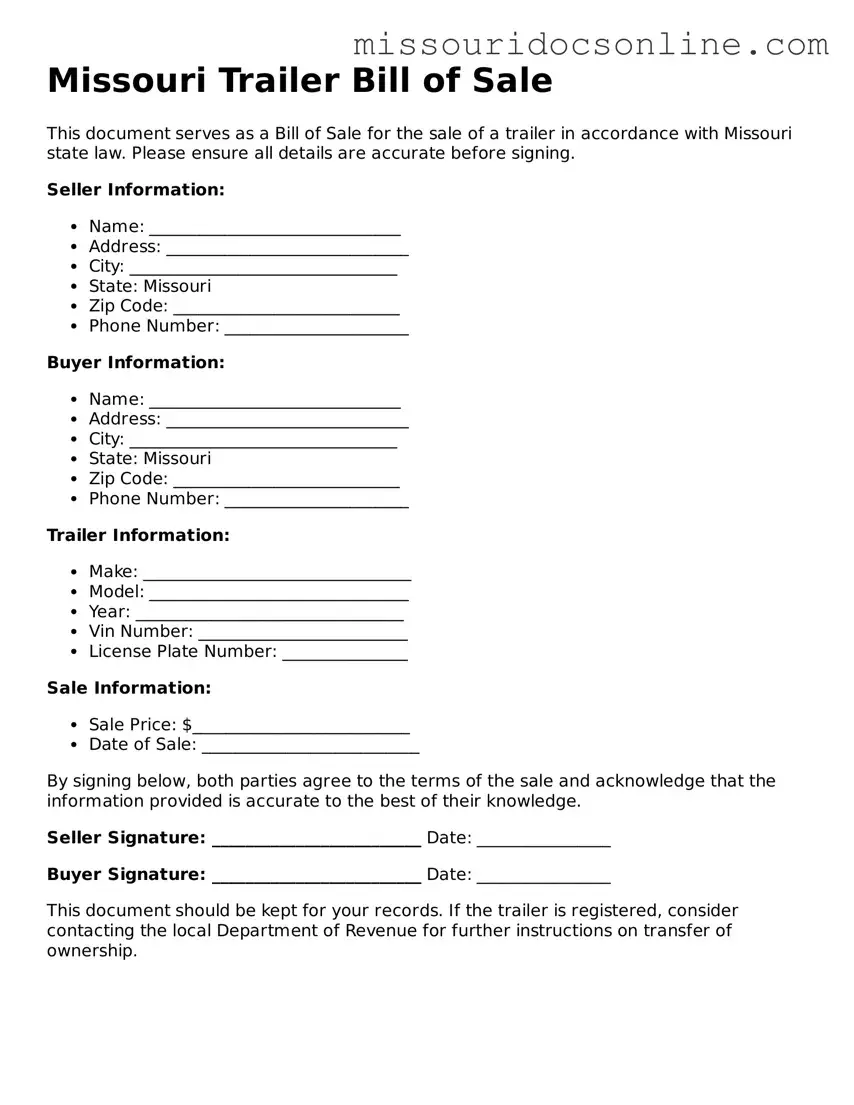 Attorney-Approved Trailer Bill of Sale Form for Missouri State