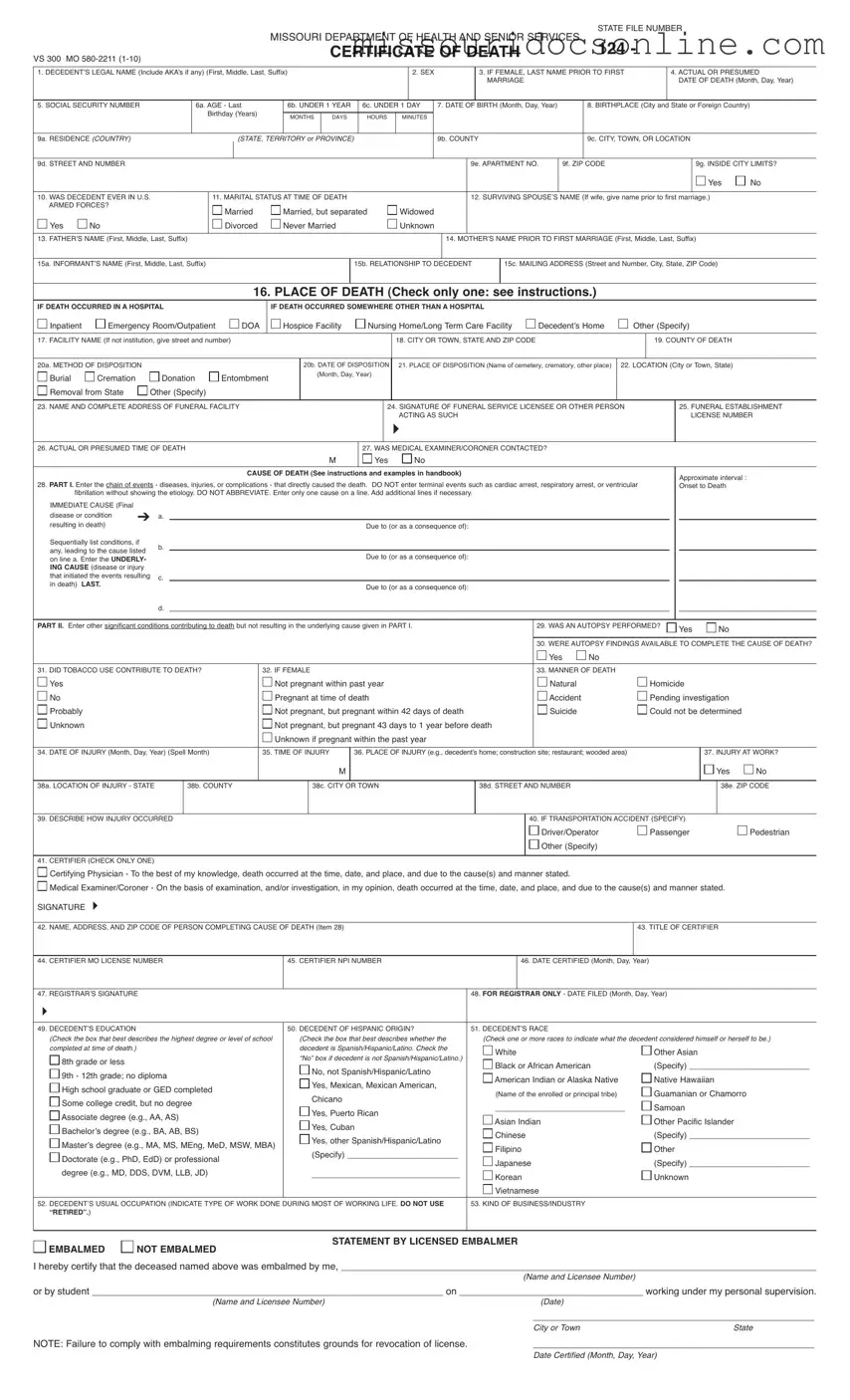 Blank Missouri Certificate Of Death Form