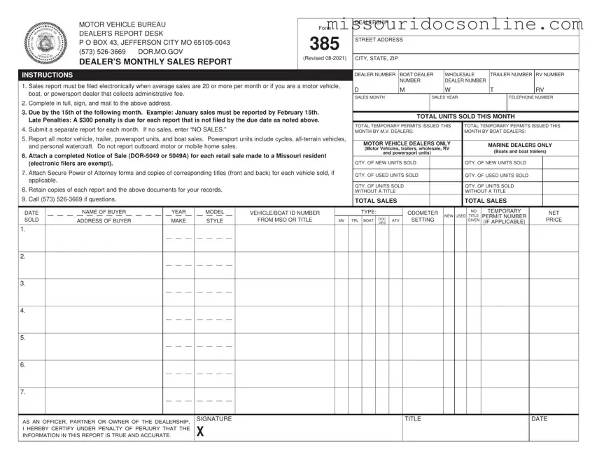 Blank Missouri Dealer Monthly Sales Report Form