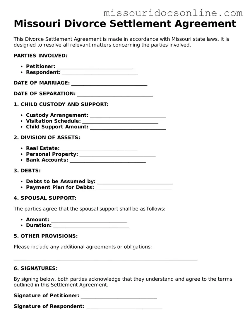 Attorney-Approved Divorce Settlement Agreement Form for Missouri State