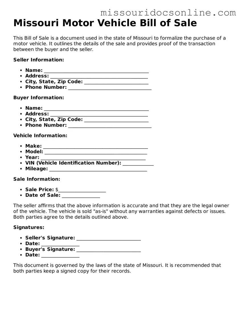 Attorney-Approved Motor Vehicle Bill of Sale Form for Missouri State