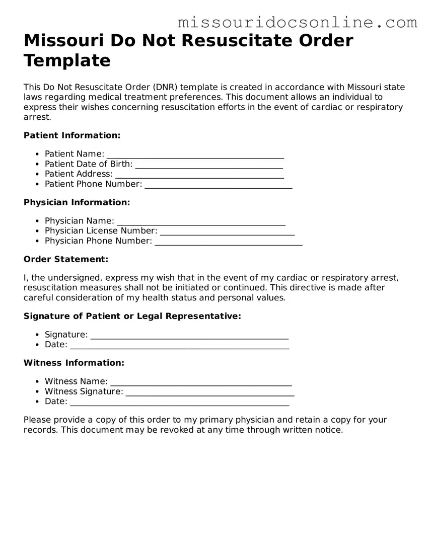 Attorney-Approved Do Not Resuscitate Order Form for Missouri State