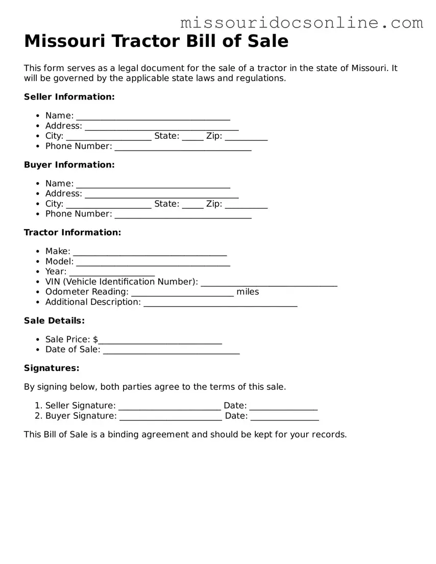 Attorney-Approved Tractor Bill of Sale Form for Missouri State