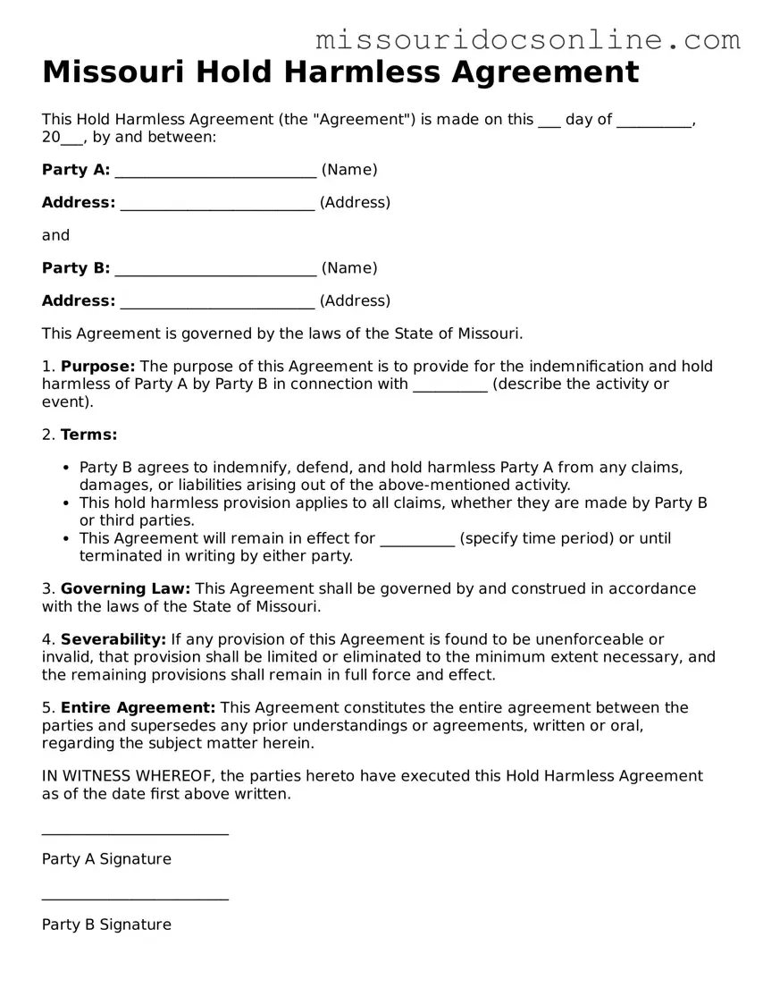 Attorney-Approved Hold Harmless Agreement Form for Missouri State