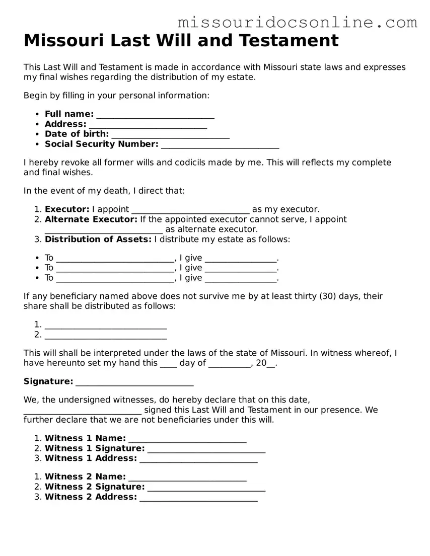 Attorney-Approved Last Will and Testament Form for Missouri State