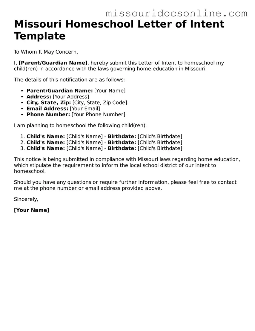 Attorney-Approved Homeschool Letter of Intent Form for Missouri State
