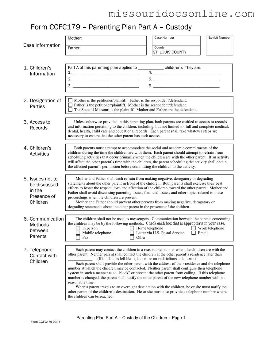 Blank Missouri Parenting Plan Form