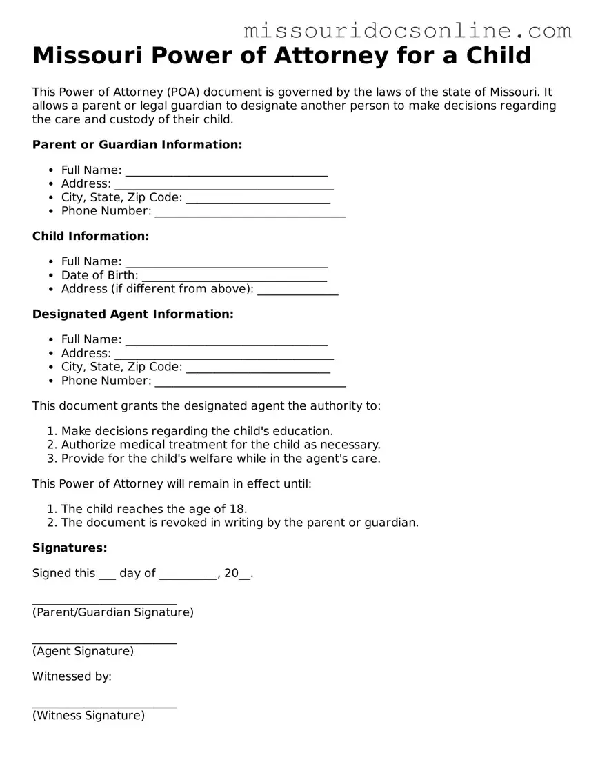 Attorney-Approved Power of Attorney for a Child Form for Missouri State