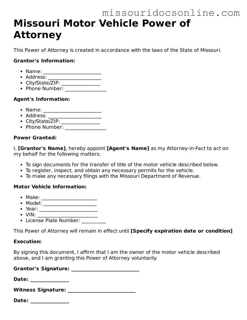 Attorney-Approved Motor Vehicle Power of Attorney Form for Missouri State
