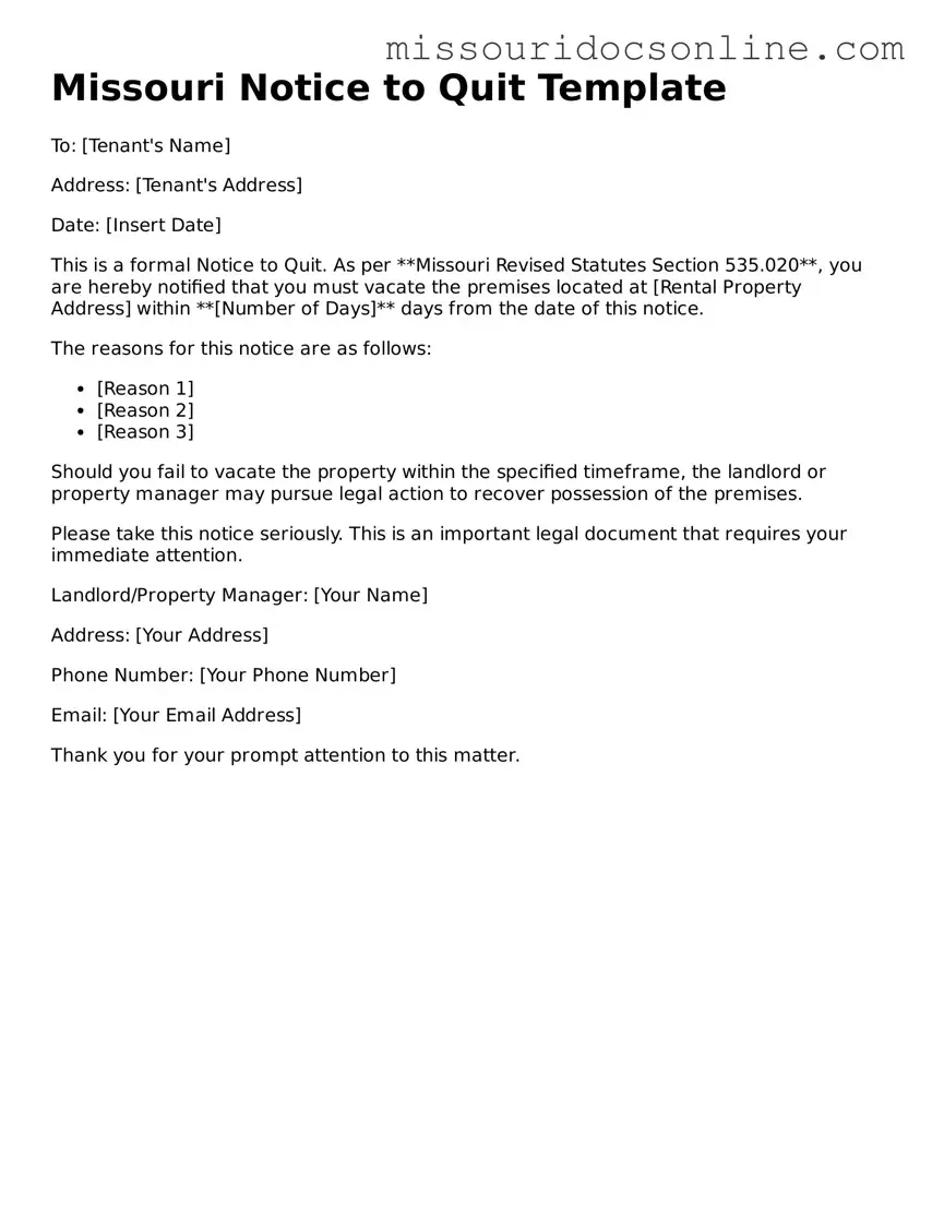 Attorney-Approved Notice to Quit Form for Missouri State