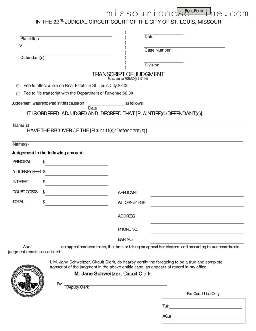 Blank Missouri Transcript Of Judgment Form